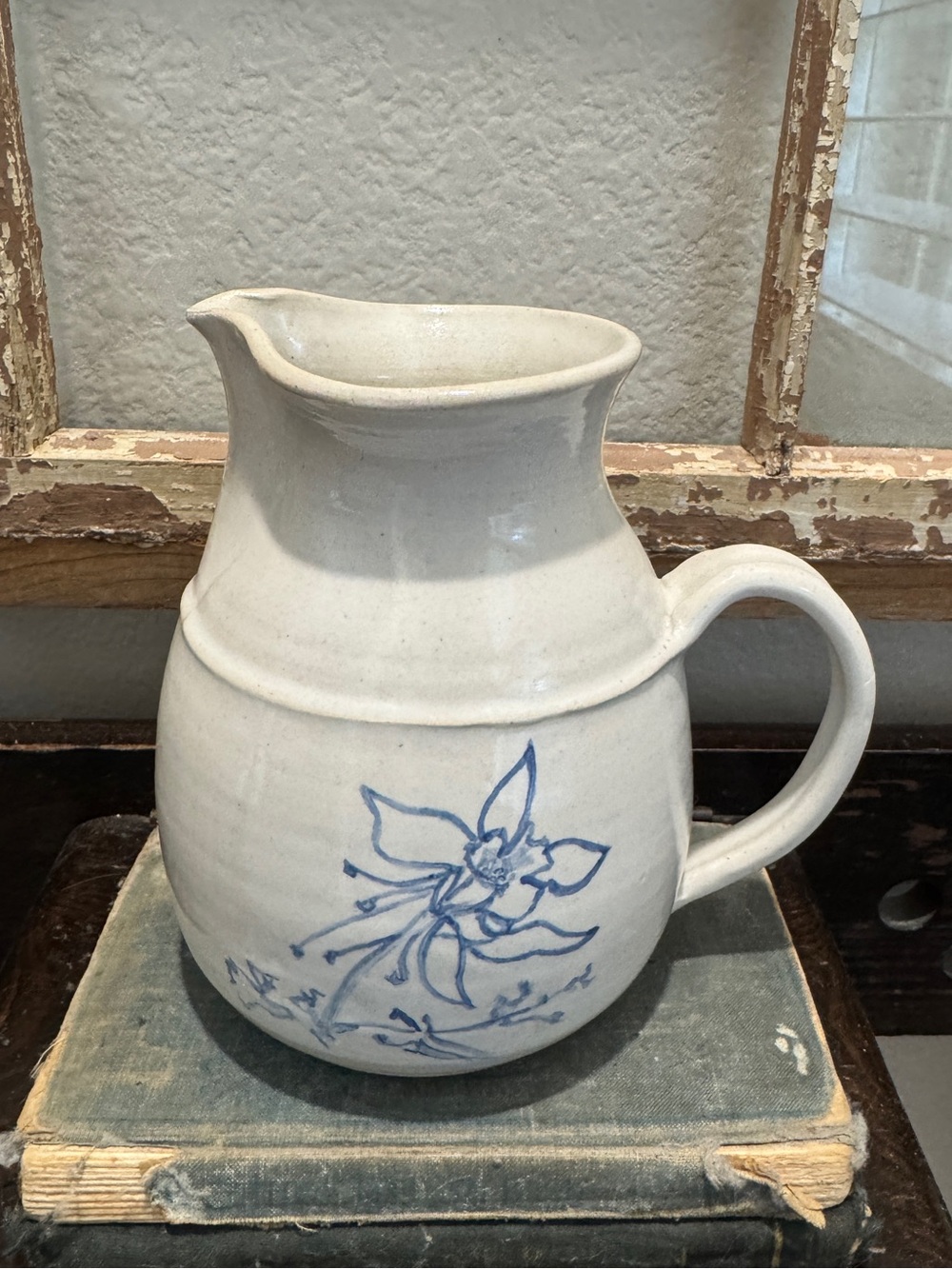 Vintage Cream Ceramic Pitcher with Blue Floral Design - Home Art